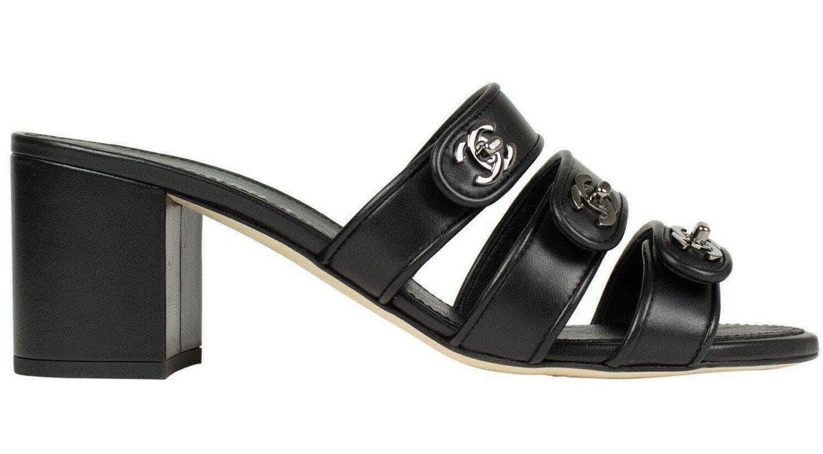 Chanel 19P Black Leather Turnlock CC Logo Mule Strap Slide Block