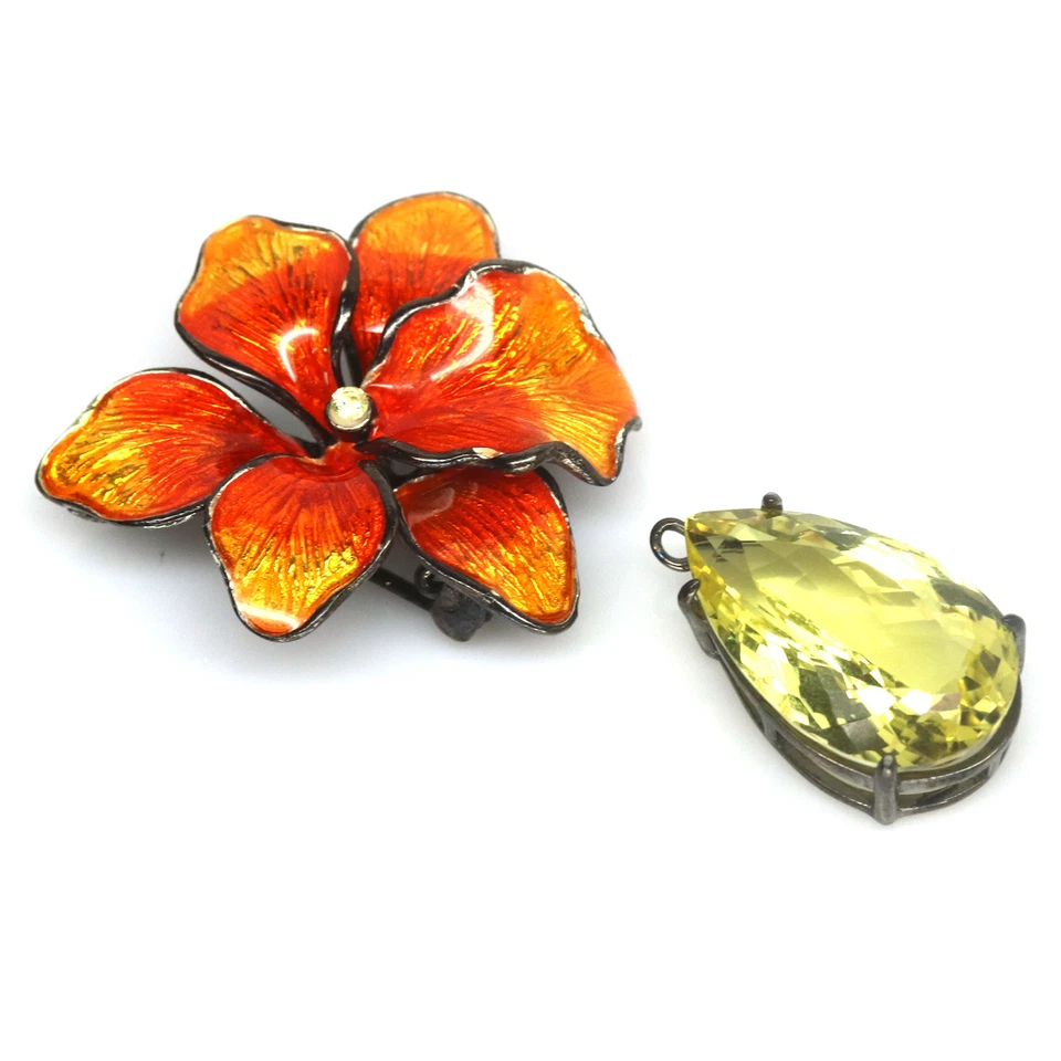 12 X 21 мм. Брошь цветок эмаль лимон-кварц и сапфир серебро 925 пробы - Изображение 4 из 4