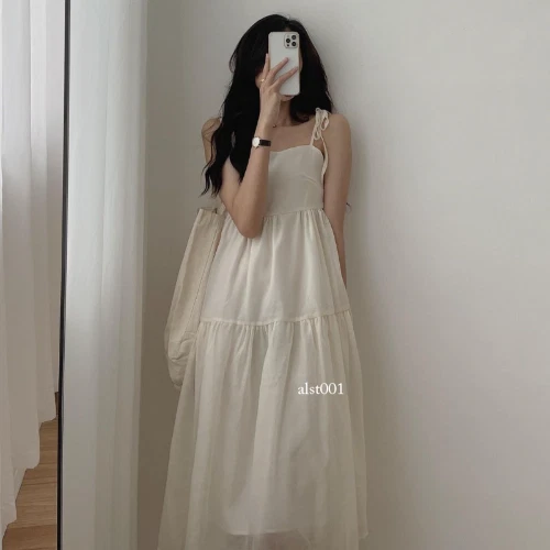 OFF WHITE Abito estivo alla moda coreana senza maniche stringhe nero casual abito midi