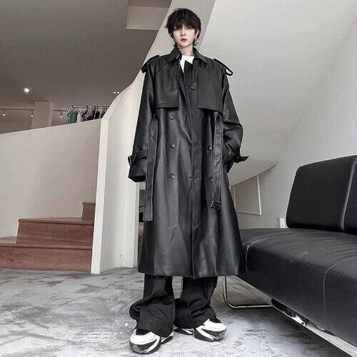 Men's Long Coat Mid Length Leather Trench Streetwear Trend Men's Long Coat Mid Length Leather Trench Streetwear Trend