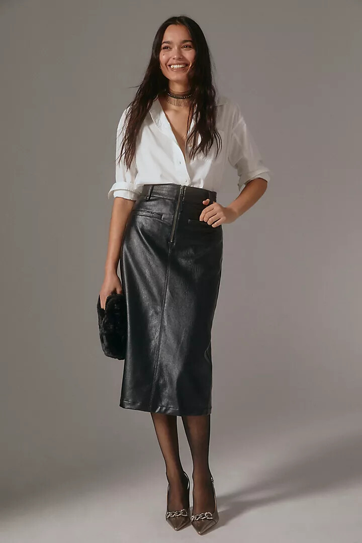 NWT Anthropologie Pilcro Black Faux Leather Moto Midi Skirt - $128