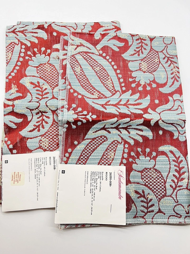2 pieces- Scalamandre fabrics REGGIO- ￼27" by 18"- Color Blue On Red - Image 2 of 3