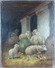 Ancien Tableau "Moutons à la Bergerie" Peinture Huile Toile Oil Painting Sheep