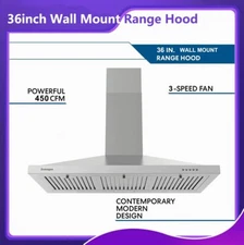 36 Inch 450CFM Wall-Mounted Kitchen Range Hood Stainless Steel 3 Speed w/LED New
