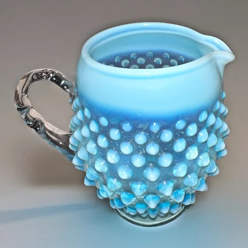 Vintage Fenton Hobnail Blue Opalescent Jug or Small Pitcher Glass 4.5"