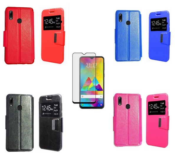Funda Samsung Galaxy M20 (6.3) Libro ventana + Cristal Completo cubre todo