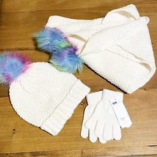 Capelli Kids 3 pc Knit Scarf Hat Gloves New York Size 4-6x Pom-Pom Little Girl