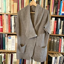 BCBGMAXAZRIA Gwen Shawl Short Sleeve Pockets Taupe Tunic Cardigan Sweater size S