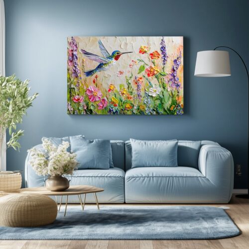 Bonita impresión de pintura sobre lienzo de arte de pared de colibrí y flores silvestres de primavera - Imagen 7 de 11