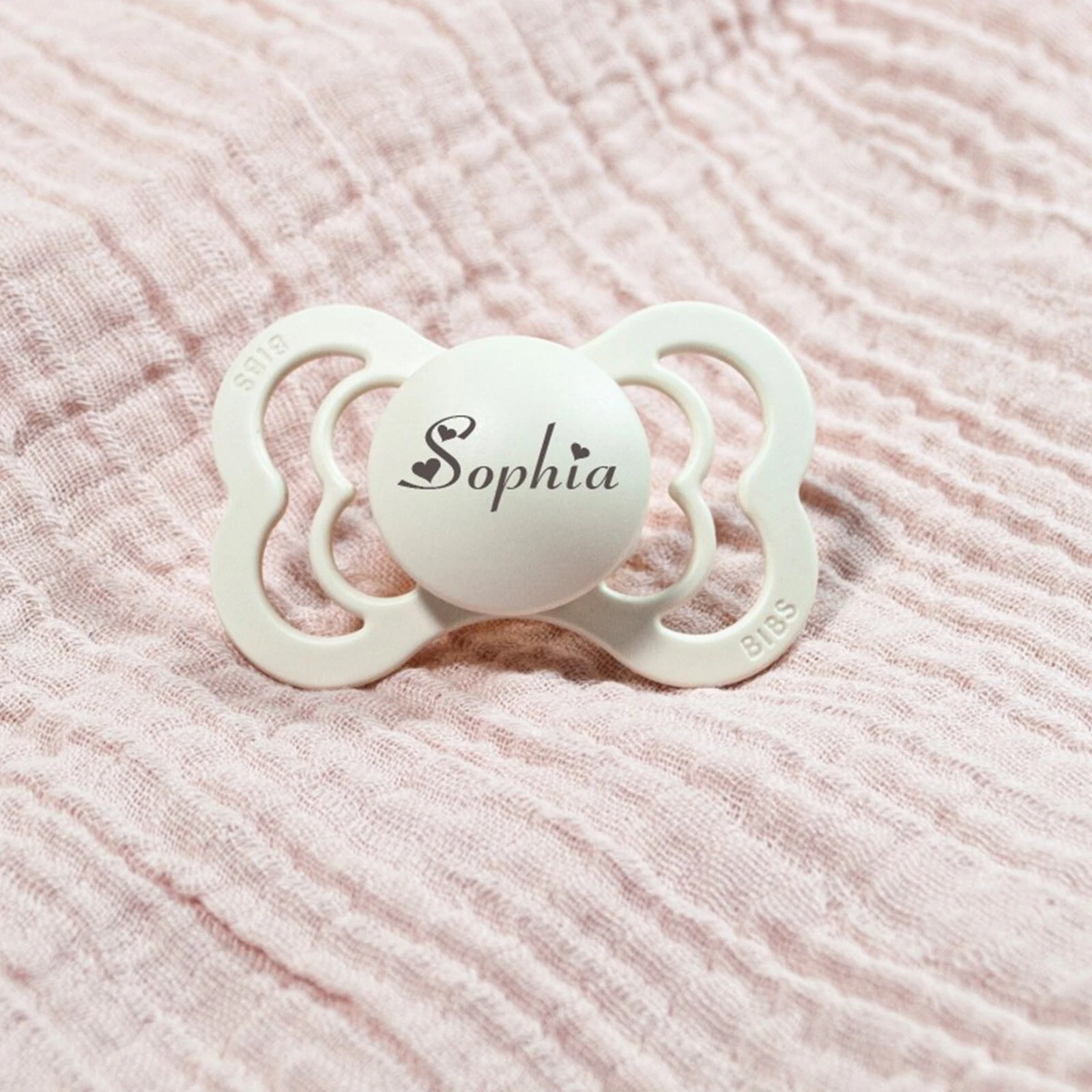 BIBS SUPREME *2-PACK* PERSONALISED DUMMY PACIFIER SOOTHER,SYMMETRICAL, HEART FON