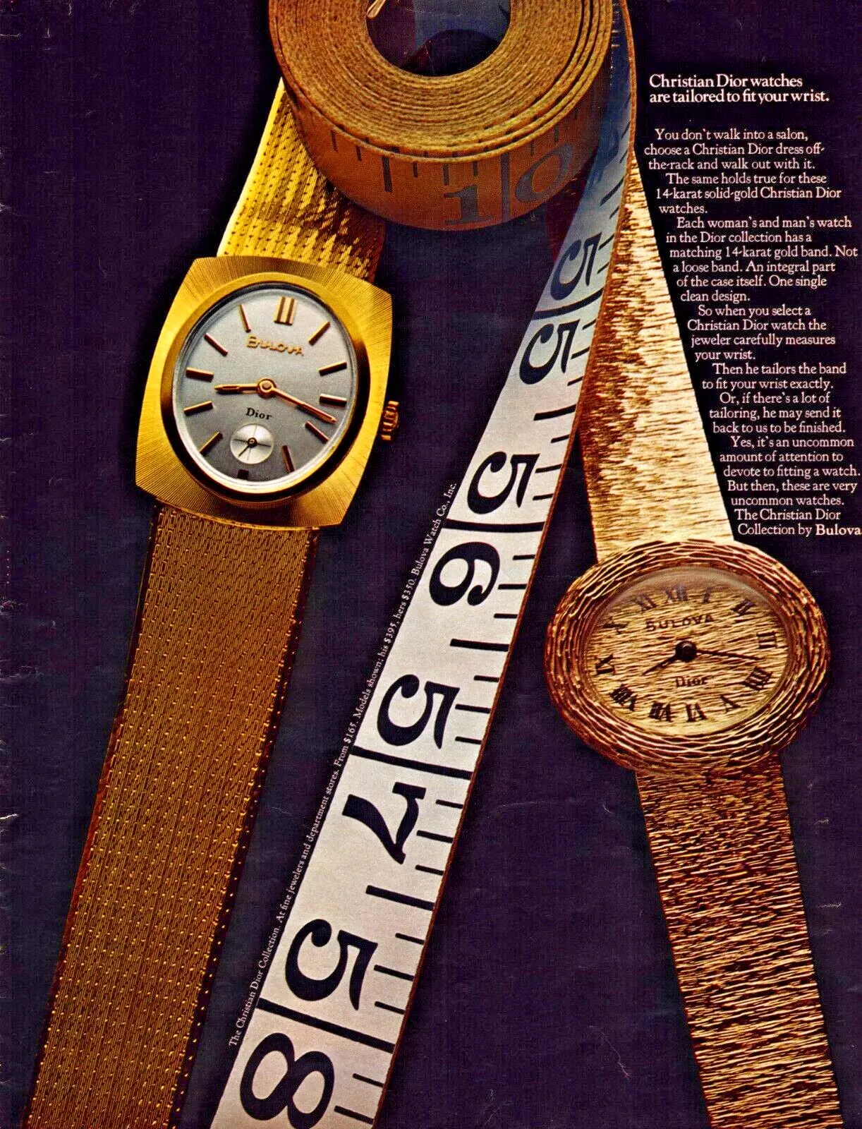 Montre Bulova 1969 collection Christian Dior mesurée au poignet vintage print annonce
