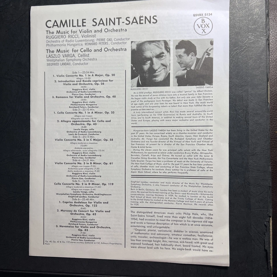 Saint-Saens 3 Vinyl Records For Cello Varga & Orch Ricci Violin QUAD VOX BOX LPs Foto 3 de 4