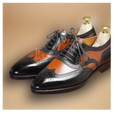 Handmade Men's Two Tone Wing Tip Brogue Style Dress Shoes, Pure Leather, Sale !!