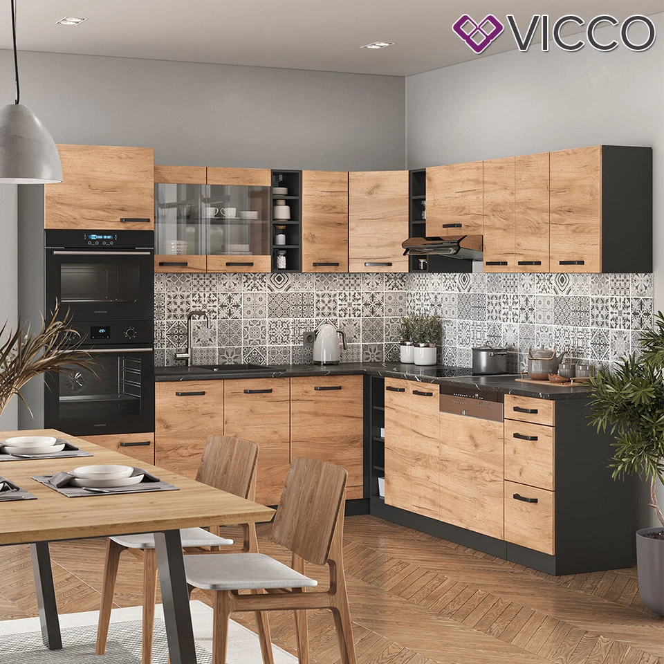 Küchenzeile Eckküche Einbauküche R-Line Ecke Anthrazit Eiche Küchenblock Vicco - Bild 4 von 4