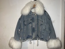Blue Denim Style Oversized Fur Jacket Coat Size Small New Rrp £125