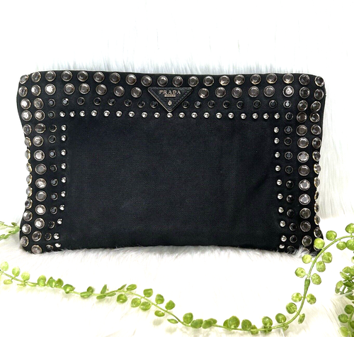 PRADA Clutch Hand Bag Bijou Denim Black *Some parts missing*