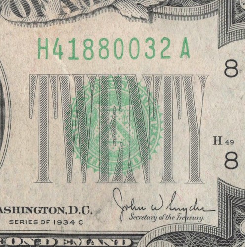1934 C St louis Twenty Dollar Bill H41880032A Back Plate H49 611