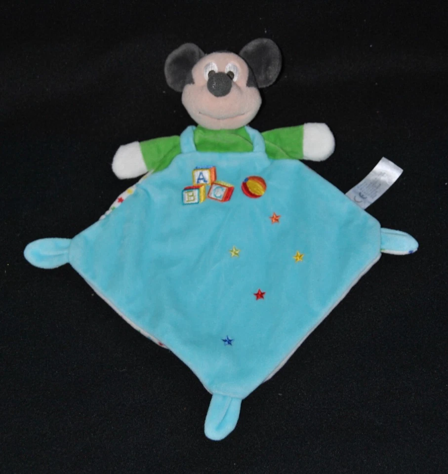 Doudou Mickey plat DISNEY NICOTOY bleu vert ABC cube étoiles TTBE - Photo 1/1