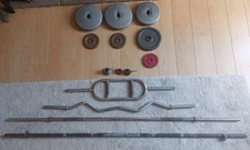 Barbells And Weights Various. 15kg worth or pairs. 25kg Total. x3 Bars. x3 Clips