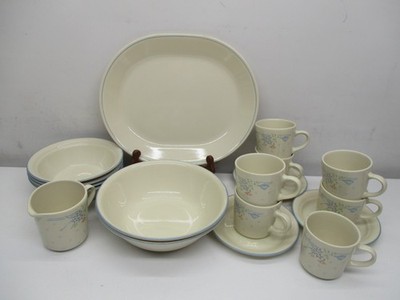 Corelle  ''SYMPHONY'' Beige W/Blue Rim (18pcs) Creamer- Bowls-Cups-Saucers-Platter