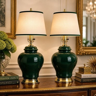 Pair Vintage Hunter Green Ceramic Ginger Jar Table Lamps Hollywood Regency 24.5 