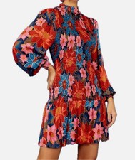 Farm Rio Women's Blue Garden Smocked Mini Dress Size XS