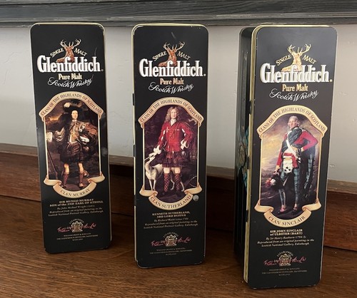 Lot of 3 Glenfiddich Scotch Whiskey Clans of Highlands Deco Tins & History EMPTY