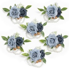 6 PCS Blue Corsage Wristlet For Wedding Bridesmaid Artificial Flowers Prom