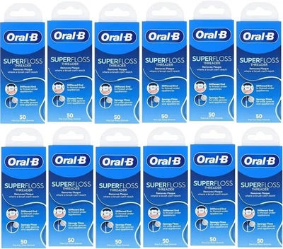 ORAL-B 12x Oral B Dental SuperFloss - Braces | Wide Spaces | Bridges-50 Pre-Cut Strands