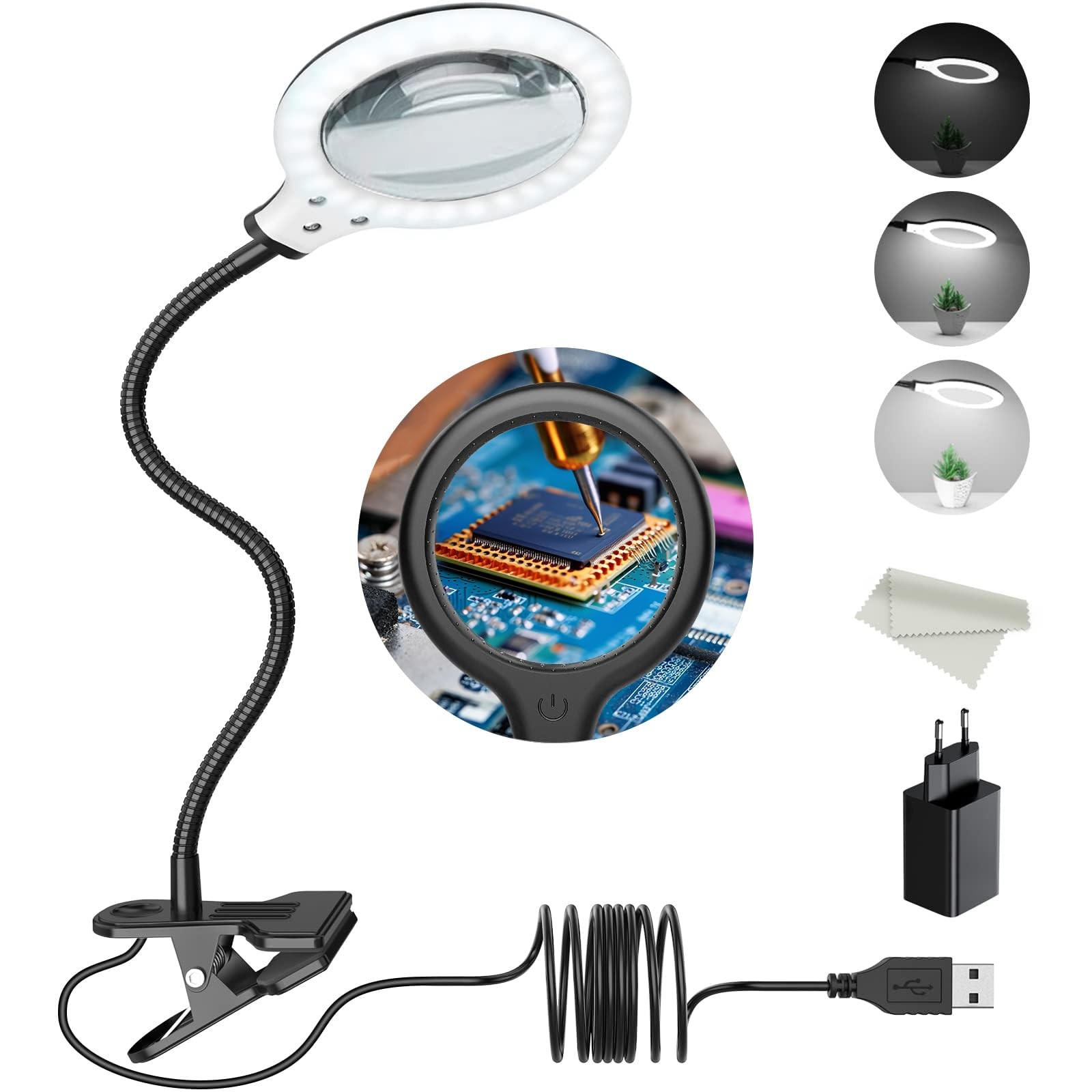 Lampe loupe LED 5X en verre optique avec pince de fixation en acier