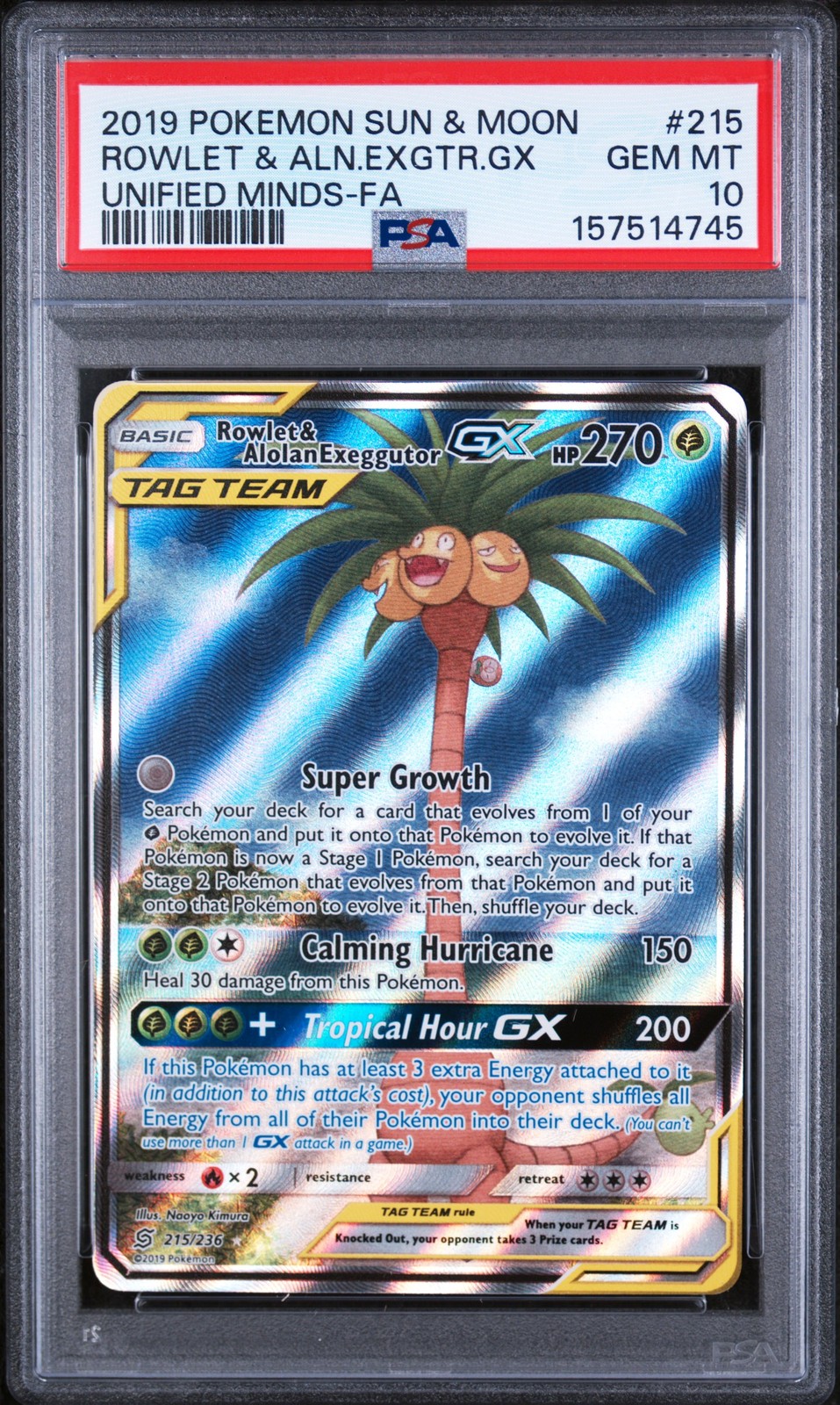 POKEMON UNIFIED MINDS ROWLET ALOLAN EXEGGUTOR GX #215/236 TAG TEAM FA PSA 10
