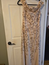 Adrianna Papell Pale Pink Off Shoulder Beaded Gown