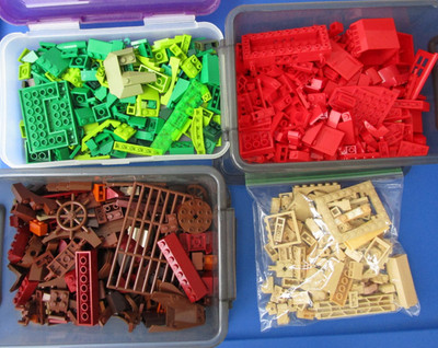 Bulk LEGO lot Red, Green, Brown, Tan Bricks Plates specialty parts w bins