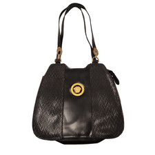 VTG Versace Purse Medusa Embossed Leather Top Handle Handbag Black Zip Up