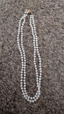 Vintage Doppelstrang echte 5 mm Perle geknotet Halskette 14K Gelbgold Verschluss 16 Zoll