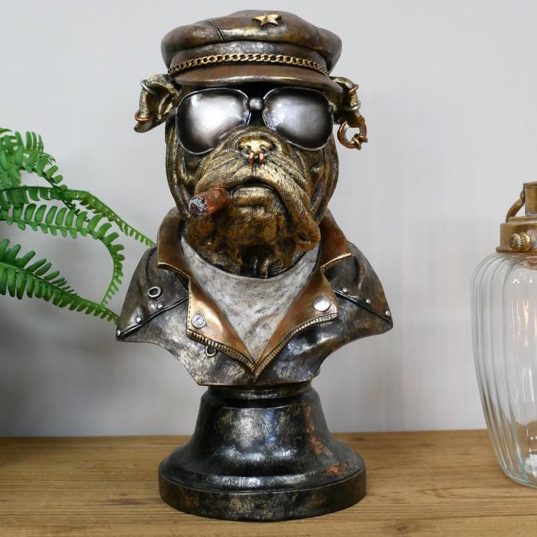 Smoking Bulldog Bust Ornament Gentleman Pipe Statue Quirky Animal Decor Vintage