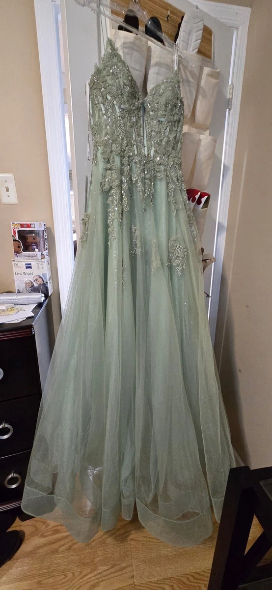 green tiered dress Lucille Mint Green Mermaid Spaghetti Straps Lace Prom Dress with Appliques main image 1