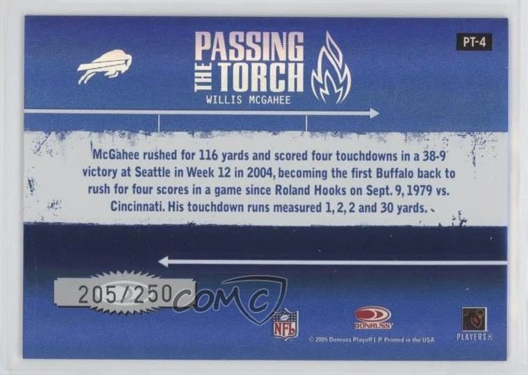 2005 Donruss Elite Passing the Torch Blue /250 Willis McGahee #PT-4 - Image 2 of 2