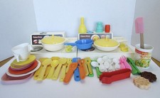 Vintage Fisher Price Dishes Play Food Pretend 2 Stove Burners Pots Cookies Soup