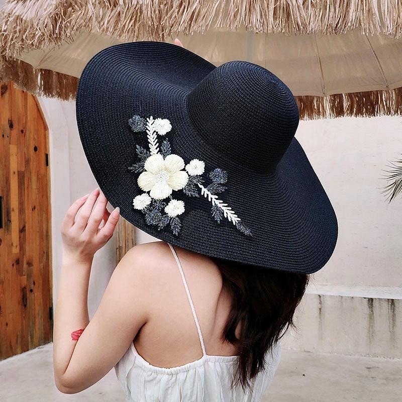 Stylish Wide Brim Straw Hat with Floral Trim Women’s Summer Sunny Beach Woman main image 2