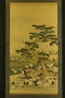 JAPANESE HANGING SCROLL ART Painting "Cranes and Pine Tree"  #E9703
