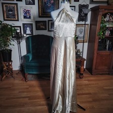 Birdy Grey Satin Halter Maxi Dress Champagne Formal Evening Gown Large