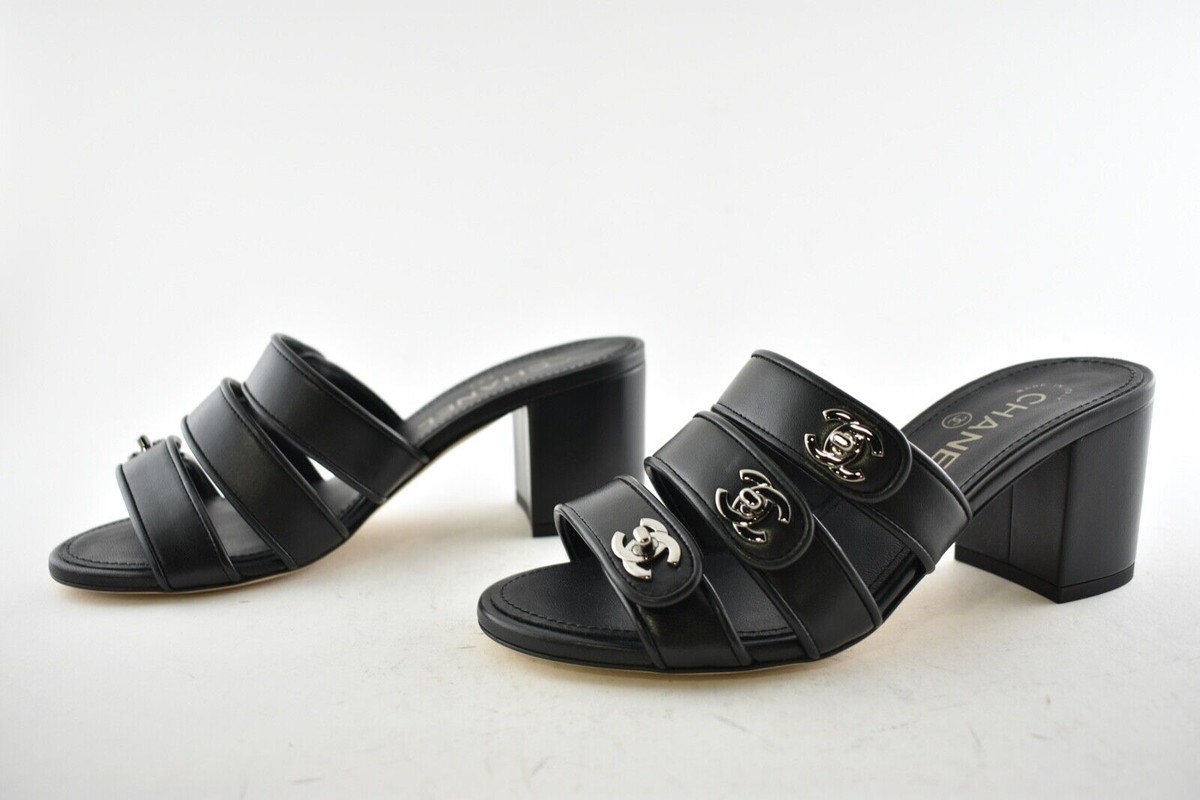 Chanel 19P Black Leather Turnlock CC Logo Mule Strap Slide Block