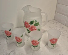 MCM Hazel Atlas Handpainted Roses Frosted Glass Pitcher & 4 Juice Beverage Set