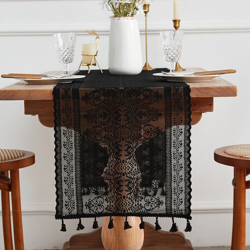 Black Vintage Embroidered Lace Table Runner Rectangle Tablecloth Doily Party - Picture 3 of 13