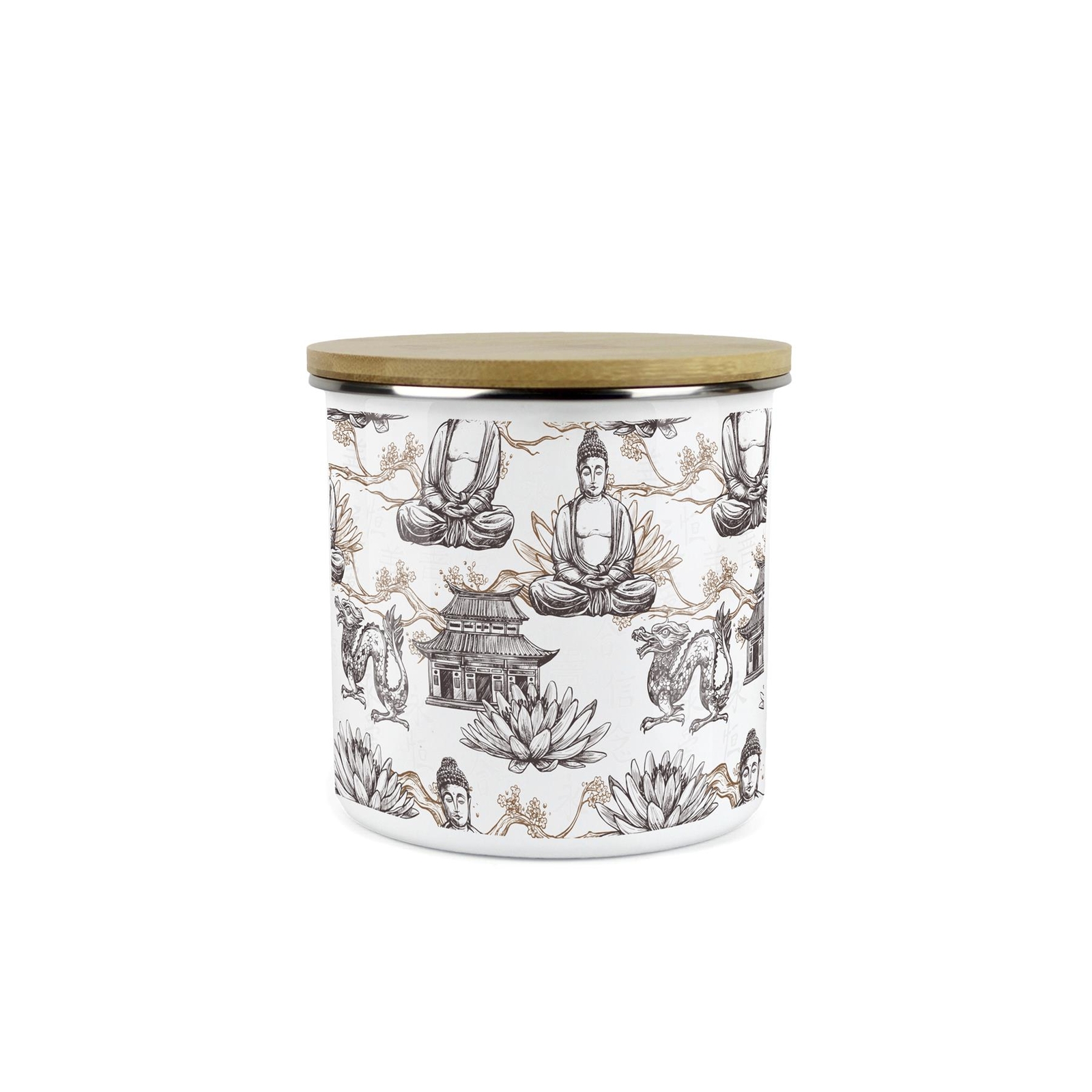 Kitchen Storage Canister - Asian Scenes Brown Enamel Container Gift