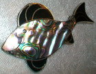 Vintage Mexican Alpaca Silver Black Enamel Abalone Shell Fish Brooch Pin Mexico
