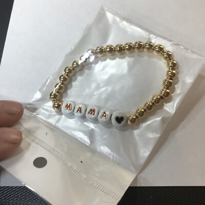 14K Gold Plated Beaded Bracelet Stretch Dainty Stackable Mama