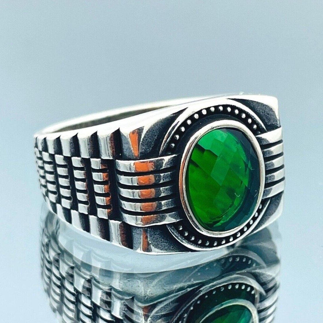 Men Simulated Emerald Stone Ring 925 Sterling Silver Minimalist