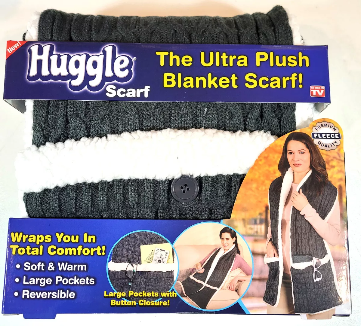 Ontel Huggle Ultra Plush Blanket Scarf Grey Reversible One Size Fits Most